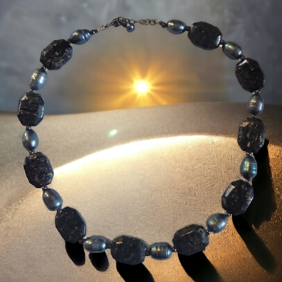 Artistic Obsidian Hematite Black Gemstone Necklace Stone Precious Gem Adjustable - Picture 2 of 5